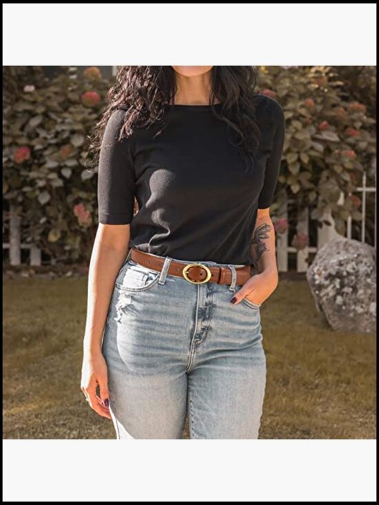 Women\'s Leather Belt with Gold Oval Buckle for Jeans Pants main image 5